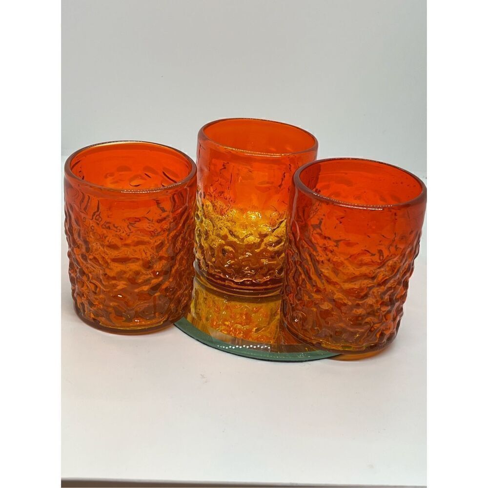 VTG Ryukyu 3 Pc Handblown Glass Ombre Low Ball Tumbler Amberina (Glows)  3 1/2"